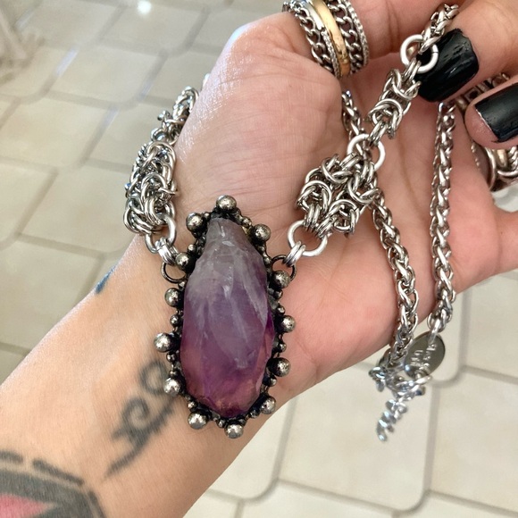 Handmade Genuine raw amethyst crystal maille stainless steel boho goth necklace - Picture 12 of 12